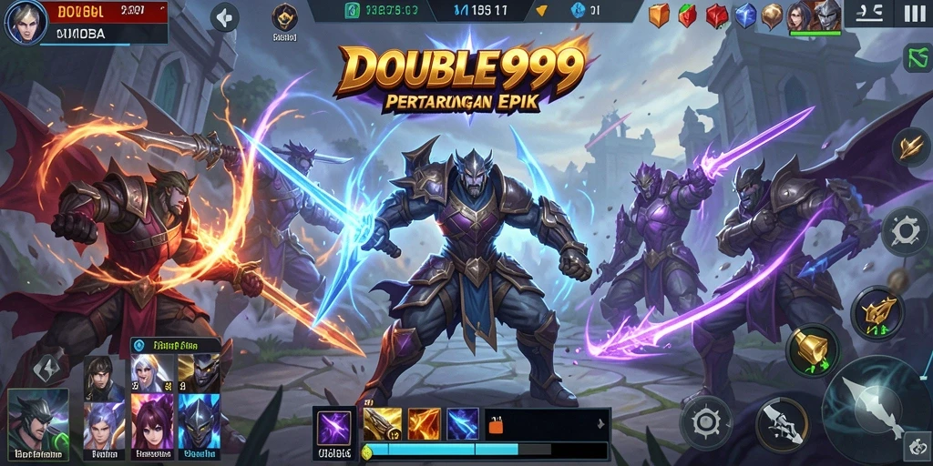 Screenshot menampilkan pertarungan seru dalam permainan MOBA DOUBLE999.
