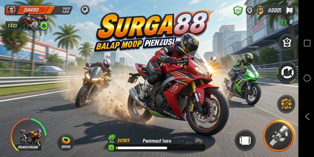 Tampilan gameplay SURGA88 yang mendebarkan dengan balapan motor.