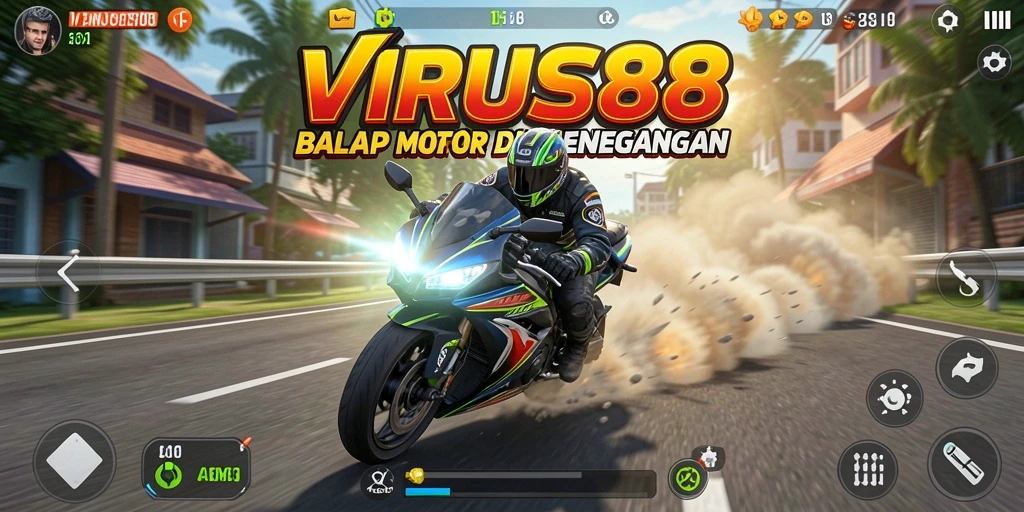 Screenshot utama VIRUS88 menampilkan aksi balap motor yang mendebarkan.